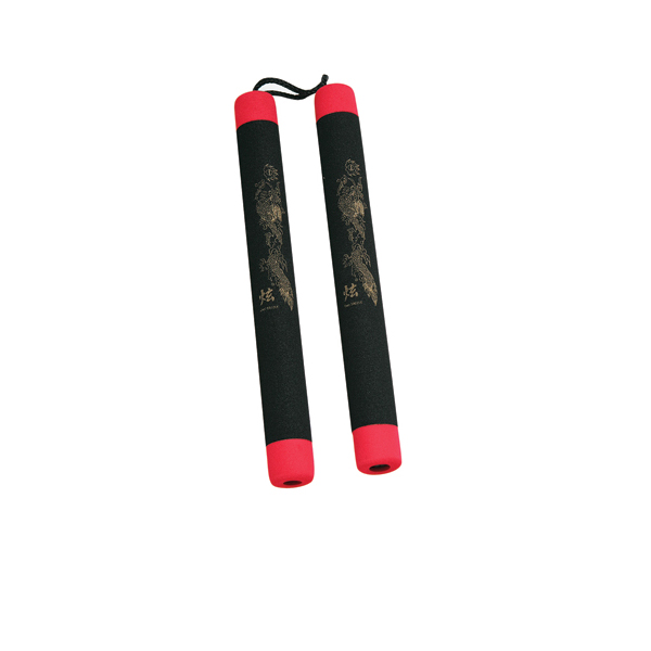 BLACK RUBBER NUNCHAKU (nunchucks) with RED TIPS on sale BLACK