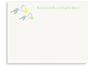 Twin Flying Yellow & Green Storks -Folded Note Cards
