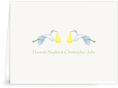 Twin Flying Yellow Storks - Folded Note Cards
