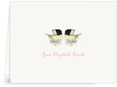 Vintage Twin Baby Carriage Pink - Folded Note Cards