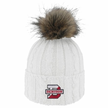 Denison Alps Knit Cuff Hat With Faux Fur Pom White