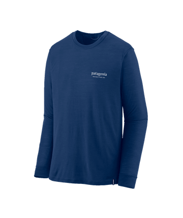 Patagonia Mens L/S Cap Cool Merino Blend Graphic Shirt Heritage Header: Clement Blue