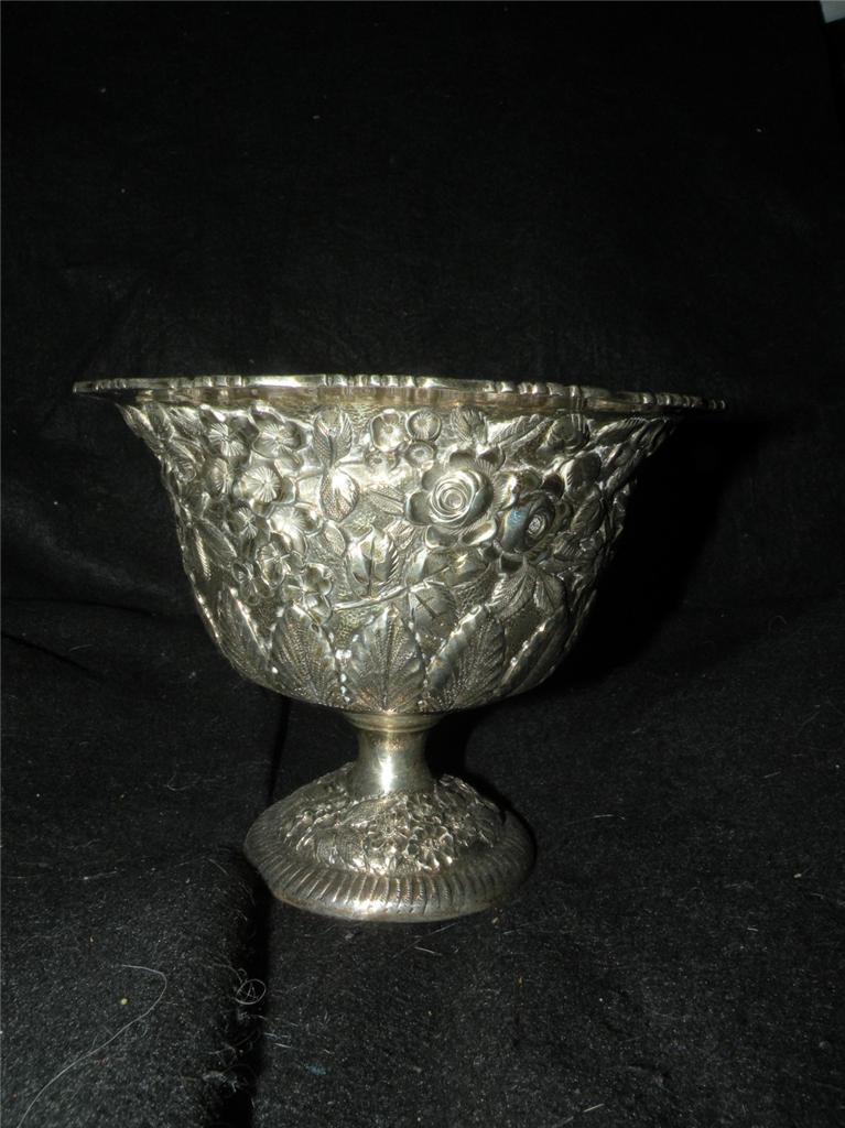 ANTIQUE SCHOFIELD STERLING SILVER REPOUSSE rose TALL FOOTED BOWL