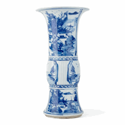 Chinese oriental blue and white ribbed canton porcelain beaker vase