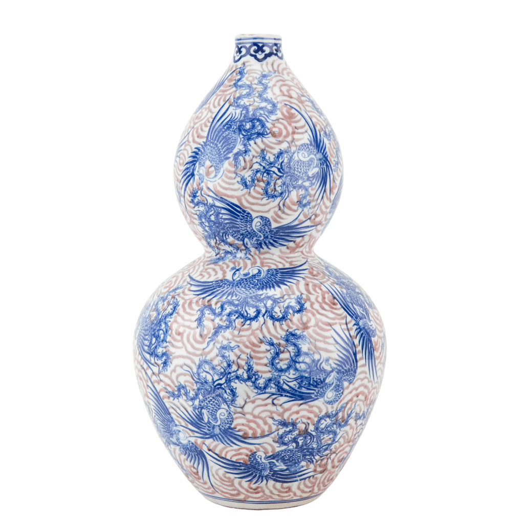 CHINESE ORIENTAL PHOENIX PORCELAIN GOURD VASE RUST BLUE