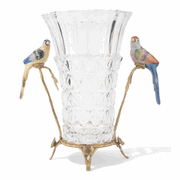 Crystal flower vase with porcelain birds parrots and bronze ormolu