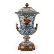 GARDEN TRELLIS porcelain and bronze ormolu urn trophy vase blue floral