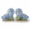 Pair blue porcelain fishnet Staffordshire style rabbits bunnies
