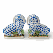 Pair blue porcelain fishnet Staffordshire style rabbits bunnies