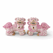 pair pink Chinese porcelain fishnet fish net foo dogs w/ gold accents
