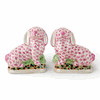 pair pink fishnet porcelain Staffordshire style rabbits bunnies