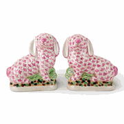pair pink fishnet porcelain Staffordshire style rabbits bunnies