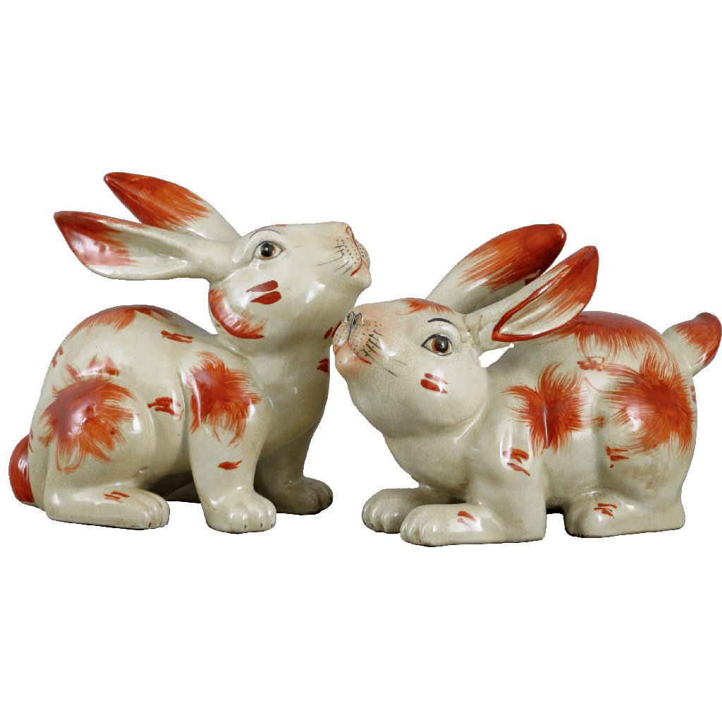 Pair pottery iron red rabbits 10 inch