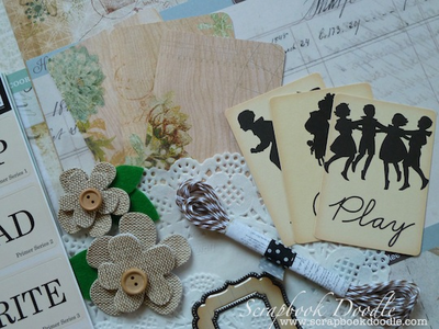 burlap flowers, silhouettes, journal cards, twine