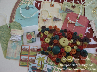 buttons, luggage tags, baker's twine, pennant pins, glassine envelope and stamps.
