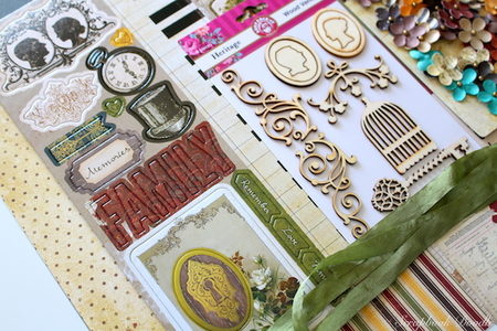 chipboard stickers, wood veneer, ribbons