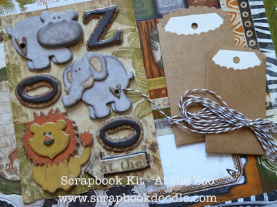 Layered Chipboard Stickers, Twine, Paper Bags with Tags