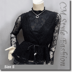 2-Piece Lace Turtleneck Long Sleeve Top with Crochet Vest Black