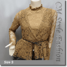2-Piece Lace Turtleneck Long Sleeve Top with Crochet Vest Brown