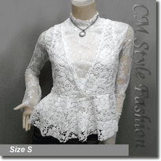2-Piece Lace Turtleneck Long Sleeve Top with Crochet Vest Off White