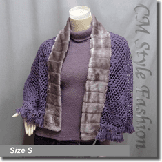 2 Piece Top Set : Turtleneck Top + Faux Fur Trimmed Cape Shawl Purple