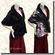 2 Way Faux Fur Shawl Black / Oriental Print