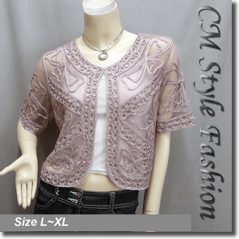 Applique Embroidery Mesh Shrug Bolero Top Pink