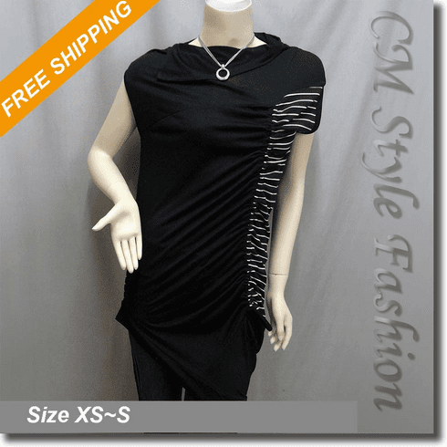 Asymmetric Ruched Stripe Patchwork Tunic Top Black