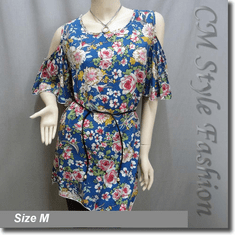 Bare Shoulder Flowery Flutter Sleeve Tunic Top Blue