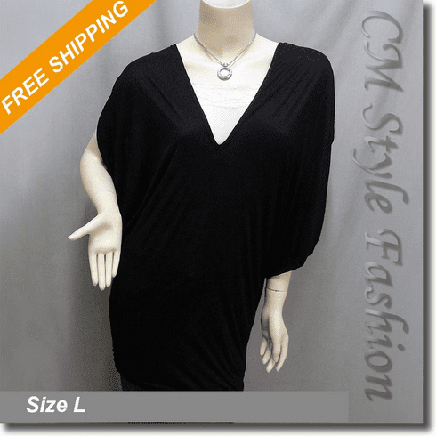 Batwing Sleeve V Neck Drapey Frock Tunic Top Black