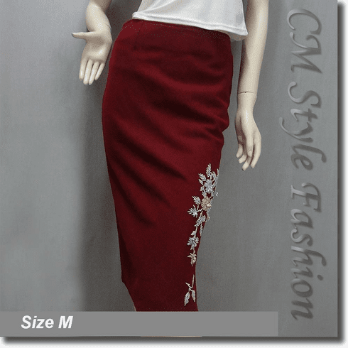 Beaded Floral Embroidery Pencil Flannel Skirt Burgundy