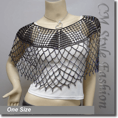 Beaded Party Wear Crochet Knit Net Poncho Wrap Cape Black