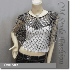 Beaded Party Wear Crochet Knit Net Poncho Wrap Cape Black Silvery