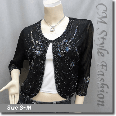 Beaded Sequin Embroidered Evening Bolero Shrug Top Black