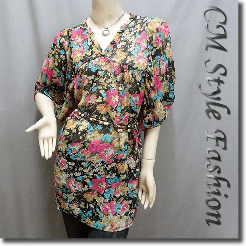 Bubble Puff Sleeves Floral Chiffon Frock Tunic Top with Beaded Belt