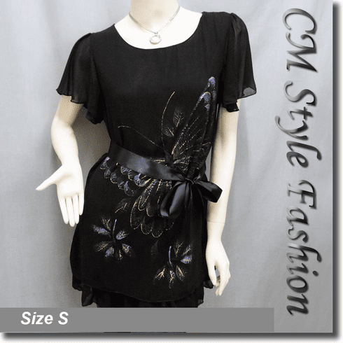 Butterfly Flutter Sleeve Flowy Tunic w/ Belt Black