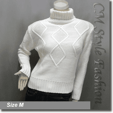 Cable Knit Fold Over Turtleneck Sweater Jumper Top Off White