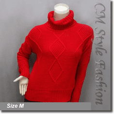 Cable Knit Fold Over Turtleneck Sweater Jumper Top Red
