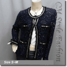 Chic Classy Sequined Golden Trimmed Cardigan Shrug Top Blue