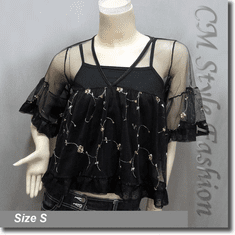 Chic Cute Floral Embroidery Lace Sheer Top + Camisole Top Set Black