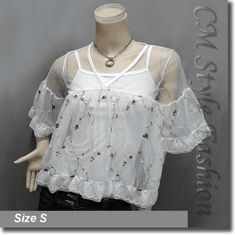 Chic Cute Floral Embroidery Lace Sheer Top + Camisole Top Set White