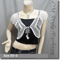 Chic Eyelet Beaded Crochet Cropped Cardigan Top White