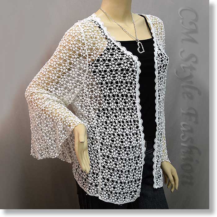 Chic Eyelet Crochet Knit Scallop Cardigan Top Off White