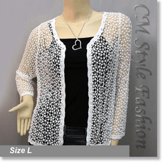 Chic Eyelet Crochet Knit Scallop Cardigan Top Off White