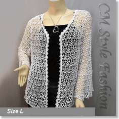 Chic Eyelet Crochet Knit Scallop Cardigan Top Off White