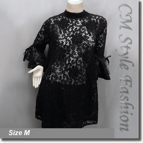 Chic Floral Lace Crochet See Through A Line Frock Tunic Top Black