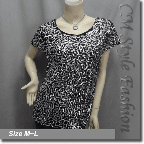Chic Sequined Embroidery Fashion Blouse Top Black Silvery