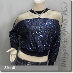 Chic Sequined Sheer Shoulder Sleeve Blouse Top Black Blue