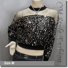 Chic Sequined Sheer Shoulder Sleeve Blouse Top Black Golden