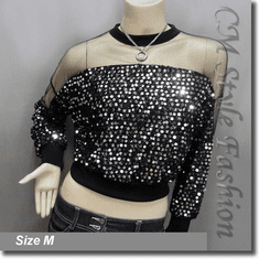 Chic Sequined Sheer Shoulder Sleeve Blouse Top Black Silvery